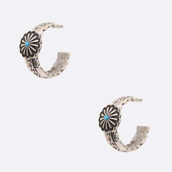 WESTERN STYLE SEMI STONE FLOWER OPEN HOOP EARRING