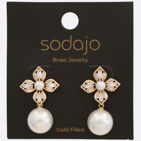 SODAJO FLOWER PEARL BEAD LINK METAL GOLD FILLED EARRING