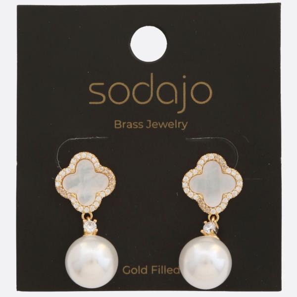 SODAJO CLOVER PEARL BEAD METAL GOLD FILLED EARRING