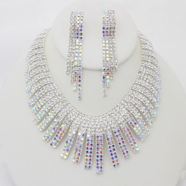 RHINESTONE MULTI ROW LAYERED NECKLACE EARRING SET