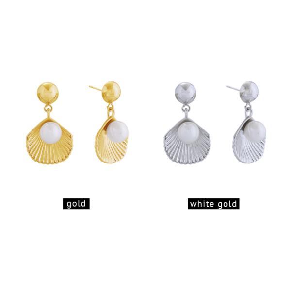 14K GOLD/WHITE GOLD DIPPED SCALLOPED PEARL DROP EARRINGS