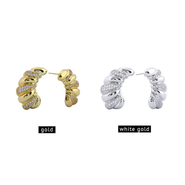 14K GOLD/WHITE GOLD DIPPED SWIRL PAVE HOOP EARRINGS