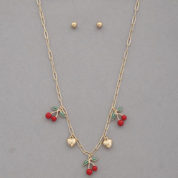 CHERRY HEART CHARMS STATION METAL NECKLACE