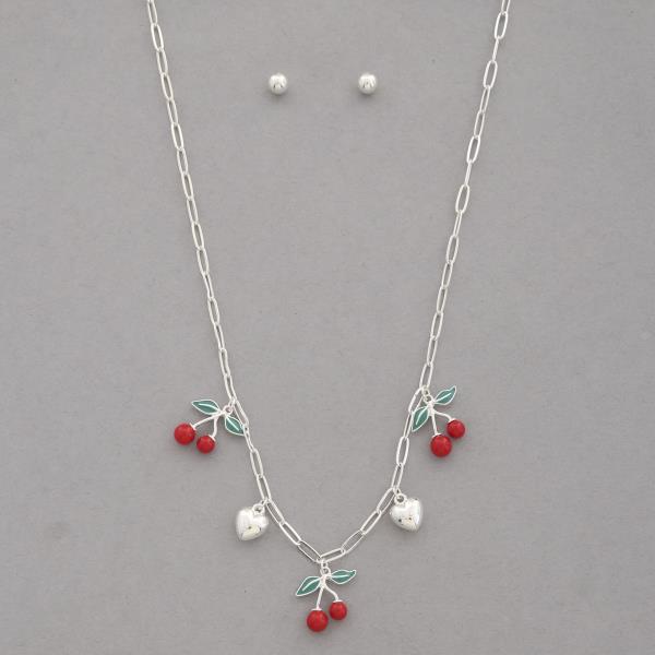 CHERRY HEART CHARMS STATION METAL NECKLACE