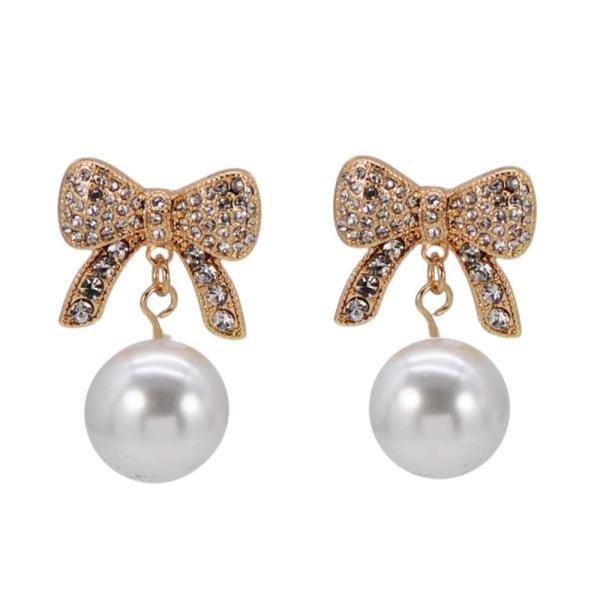 BOW RHINESTONE PEARL BEAD DANGLE EARRING