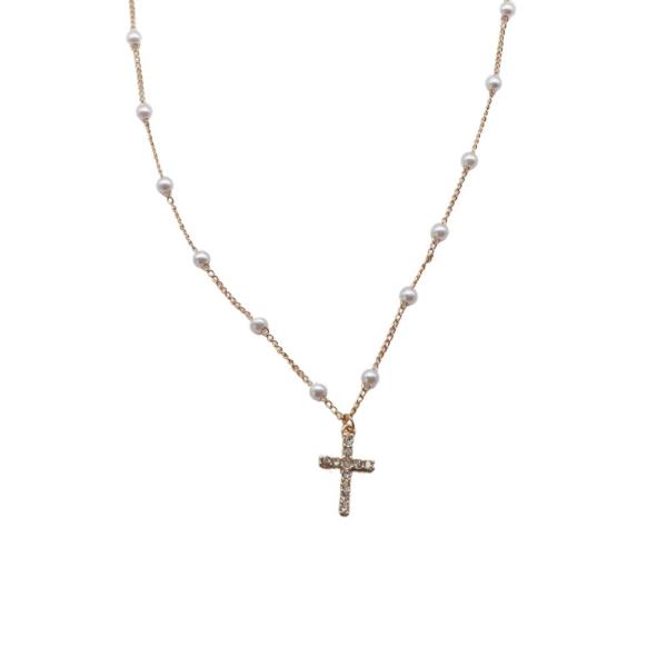 CROSS CHARM PEARL BEAD STATION NECKLACE