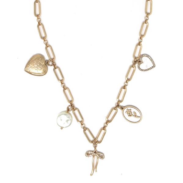 HEART FLOWER PAVE RIBBON METAL CHARM NECKLACE