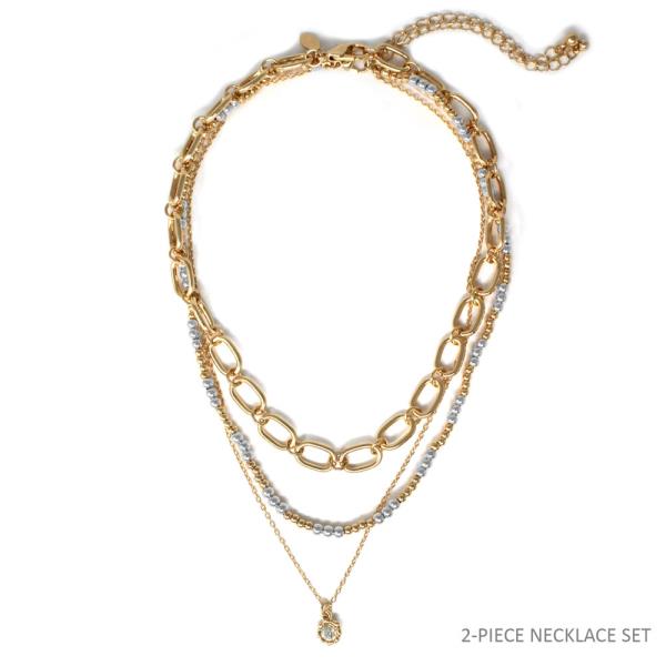 DOUBLE LAYERED METAL CHAIN STONE PENDANT NECKLACE
