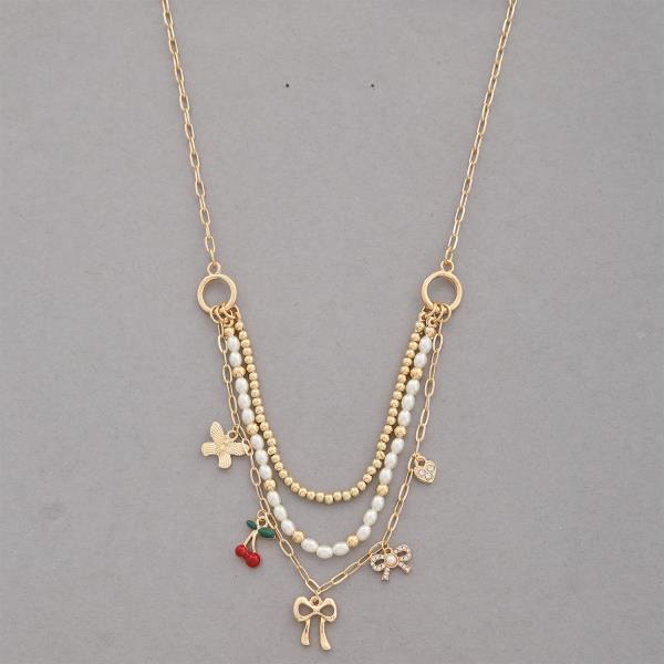 CHERRY RIBBON BOW CHARMS PEARL BEAD NECKLACE