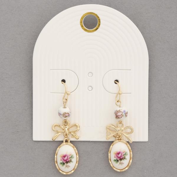 FLORAL OVAL RIBBON BOW CERAMIC BEAD DANGLE EARRING