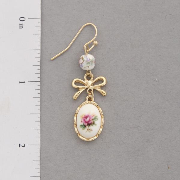 FLORAL OVAL RIBBON BOW CERAMIC BEAD DANGLE EARRING