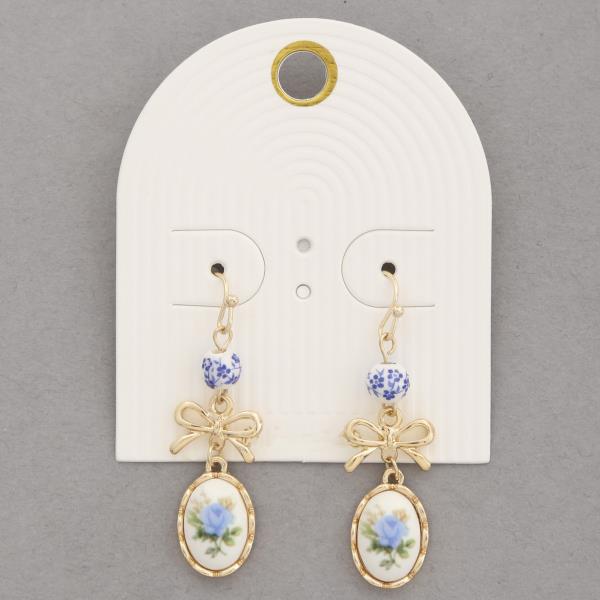 FLORAL OVAL RIBBON BOW CERAMIC BEAD DANGLE EARRING