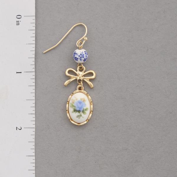 FLORAL OVAL RIBBON BOW CERAMIC BEAD DANGLE EARRING