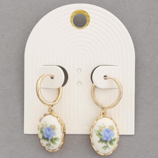 CERAMIC FLORAL PATTERN OVAL HUGGIE EARRING