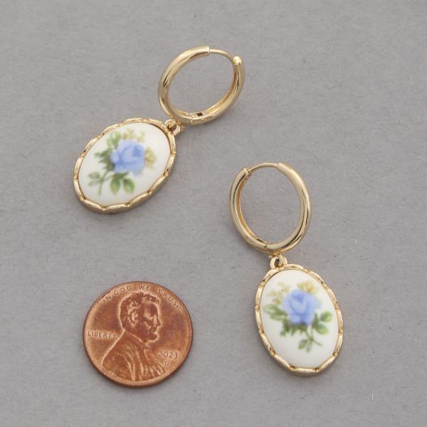 CERAMIC FLORAL PATTERN OVAL HUGGIE EARRING