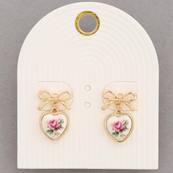 HEART CERAMIC FLORAL PATTERN RIBBON BOW DANGLE EARRING