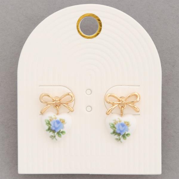 HEART CERAMIC FLORAL PATTERN RIBBON BOW EARRING