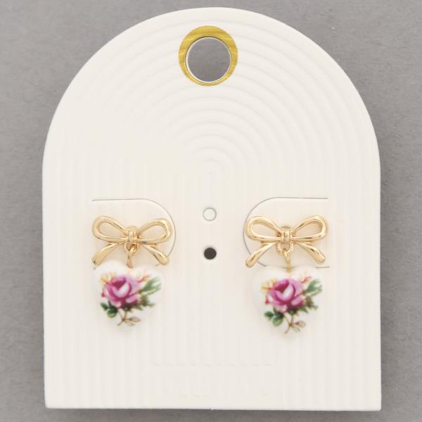HEART CERAMIC FLORAL PATTERN RIBBON BOW EARRING