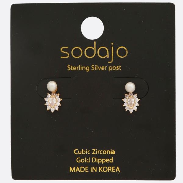 SODAJO PEARL BEAD FLOWER CZ GOLD DIPPED STERLING SILVER POST EARRING