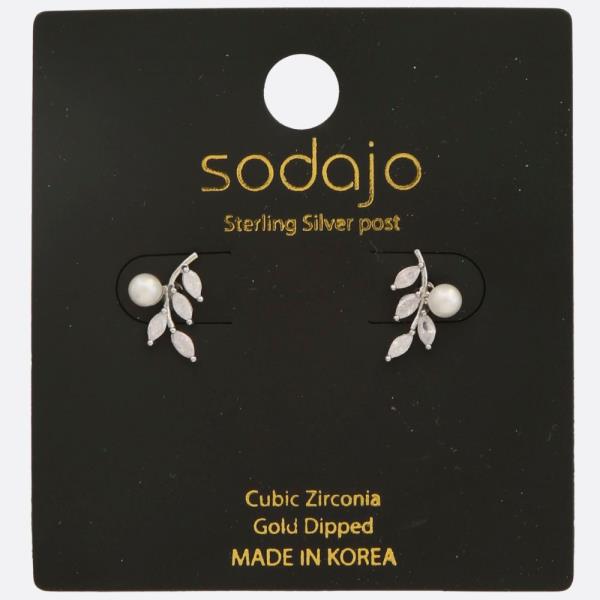 SODAJO PEARL BEAD LEAF CZ GOLD DIPPED STERLING SILVER POST EARRING