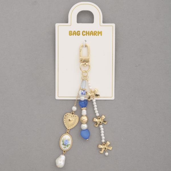 HEART CHARM PEARL BEAD RIBBON BOW BAG CHARM