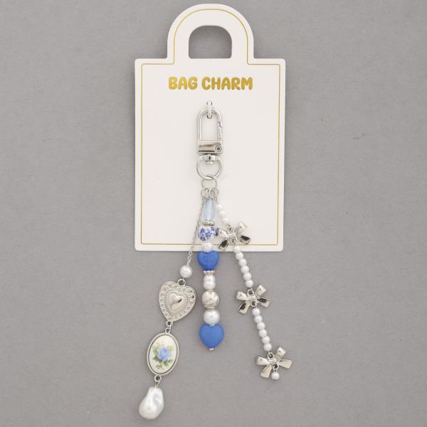 HEART CHARM PEARL BEAD RIBBON BOW BAG CHARM
