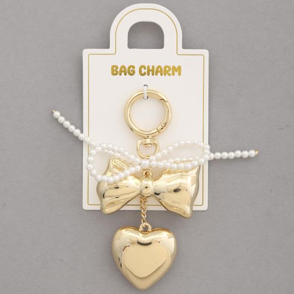 PUFFY HEART RIBBON BOW PEARL BEAD BAG CHARM