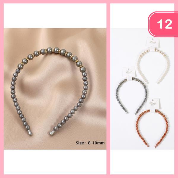ASSORTED COLOR PEARL BEAD HEADBAND (12 UNITS)