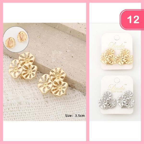 METAL SAND DOLLAR FLOWER CLIP ON EARRING (12 UNITS)
