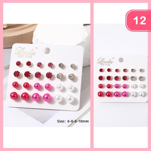 ASSORTED RHINESTONE PEARL STUD EARRING SET (12 UNITS)