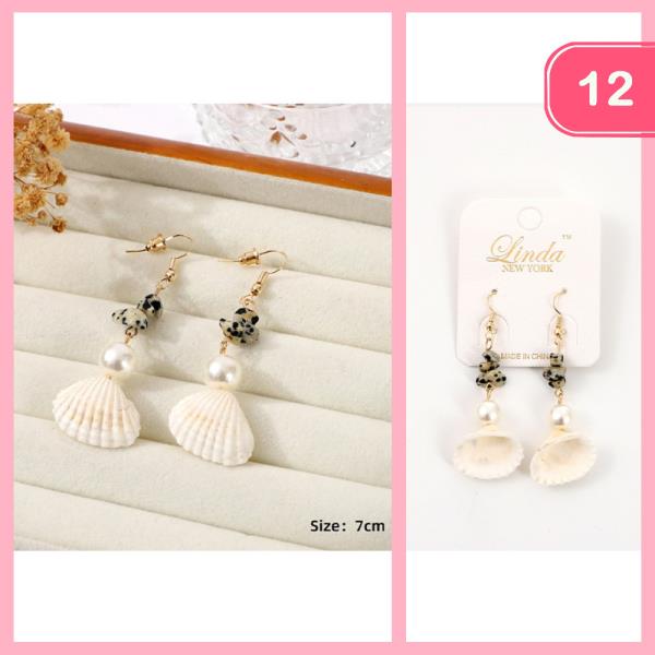 NATURAL STONE PEARL SEASHELL DANGLE EARRING (12 UNITS)