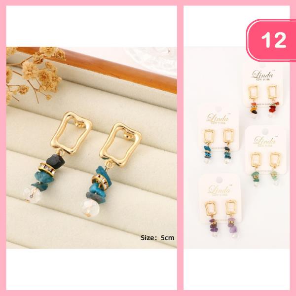 RHINESTONE NATURAL STONE SQUARE METAL DANGLE EARRING (12 UNITS)
