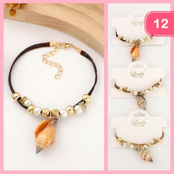 SEASHELL PEARL ACCENT CORD BRACELET (12 UNITS)