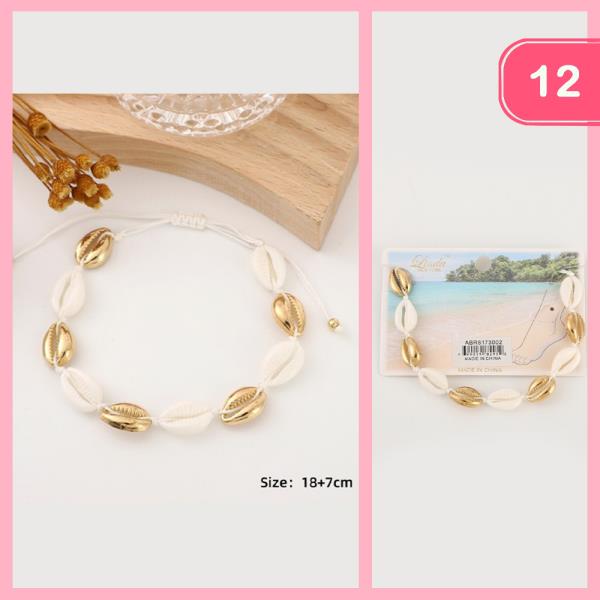 METAL AND NATURAL SEASHELL PULL CORD ANKLET (12 UNITS)