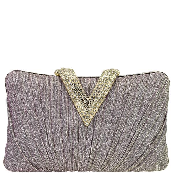 RHINESTONE V PLEATED EVENING CLUTCH BAG
