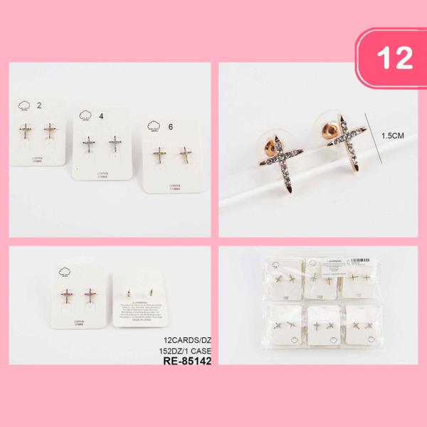 COPPER CORE RHINESTONE CROSS STUD EARRING (12 UNITS)