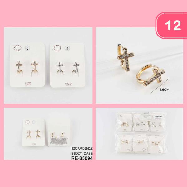 COPPER CORE CROSS RHINESTONE HOOP EARRING (12 UNITS)