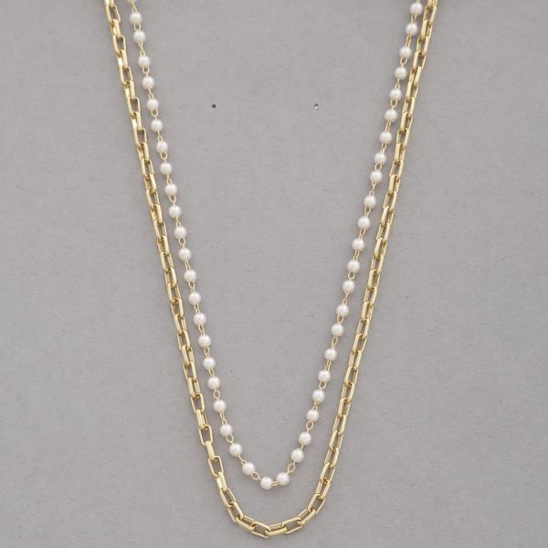 SODAJO OVAL LINK PEARL BEAD LAYERED GOLD DIPPED NECKLACE