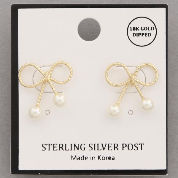 RIBBON BOW PEARL BEAD GOLD DIPPED STERLING SILVER POST EARRING
