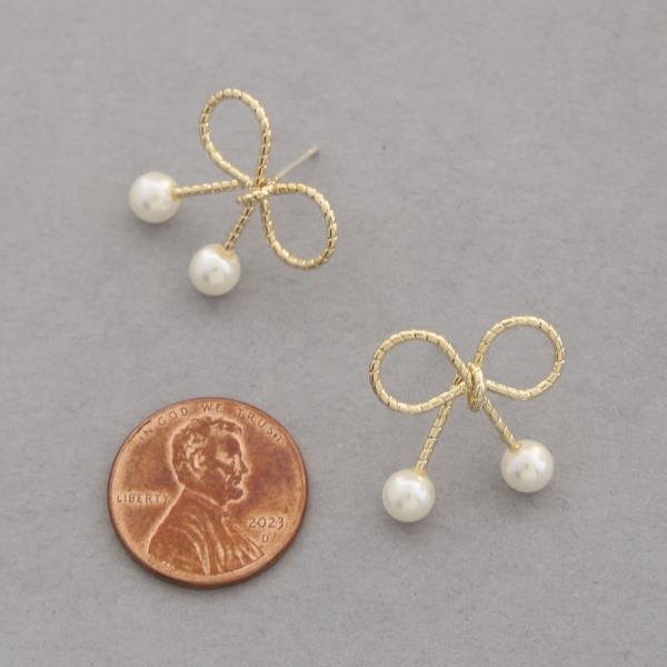 RIBBON BOW PEARL BEAD GOLD DIPPED STERLING SILVER POST EARRING