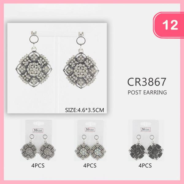 RHINESTONE ANTIQUE SILVER DANGLE EARRING (12 UNITS)