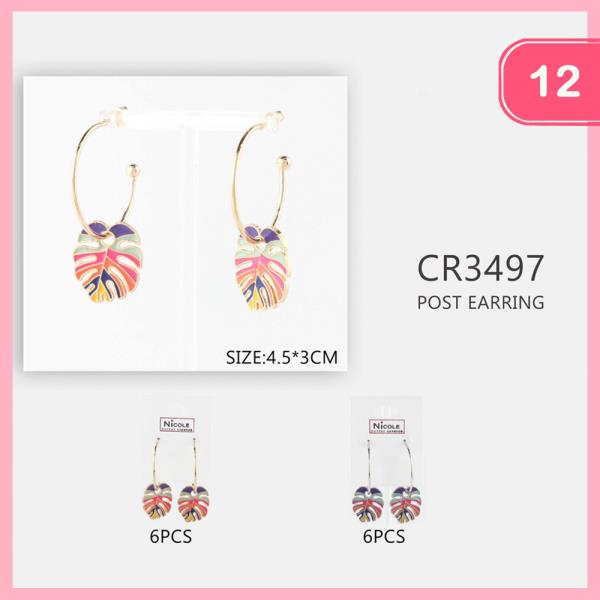COLORFUL TROPICAL LEAF CHARM DANGLE HOOP EARRING (12 UNITS)