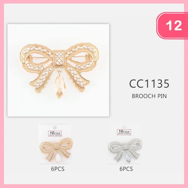 RIBBON BOW RHINESTONE DANGLE BROOCH (12 UNITS)