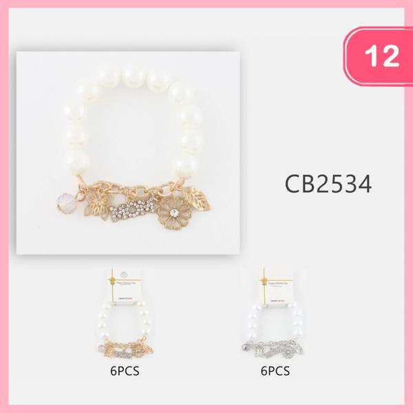 MOM CHARM DANGLE PEARL STRETCH BRACELET (12 UNITS)