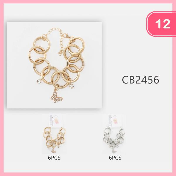 METAL RING RHINESTONE BUTTERFLY DANGLE CHAIN BRACELET (12 UNITS)