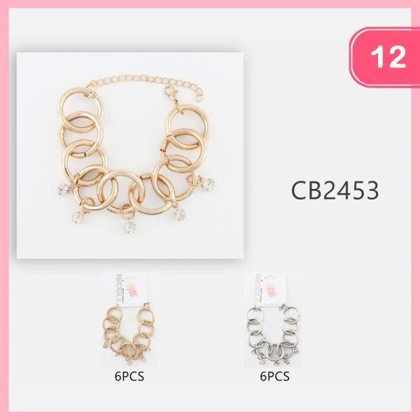 MULTI RING METAL RHINESTONE DANGLE CHAIN BRACELET (12 UNITS)