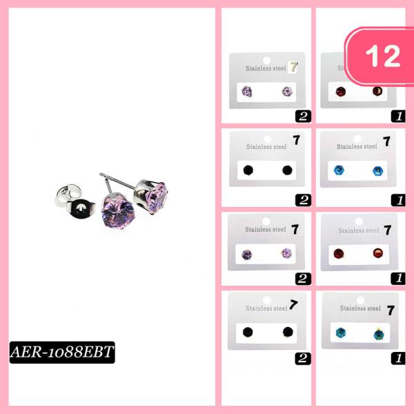 ASSORTED STAINLESS STEEL HYPOALLERGENIC CZ CUBIC ZIRCONIA STUD EARRING (12 UNITS)