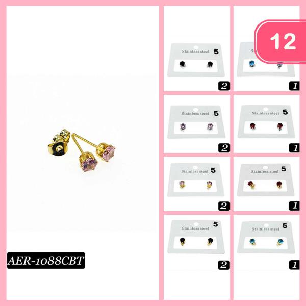 ASSORTED STAINLESS STEEL HYPOALLERGENIC CZ CUBIC ZIRCONIA STUD EARRING (12 UNITS)