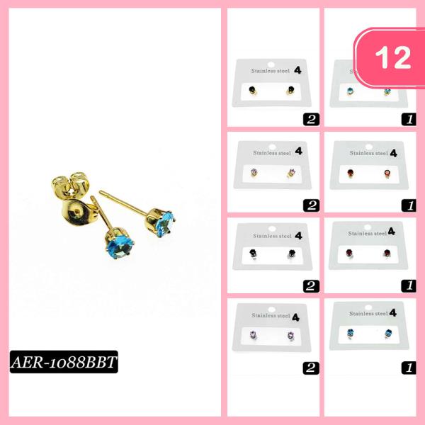 ASSORTED STAINLESS STEEL HYPOALLERGENIC CZ CUBIC ZIRCONIA STUD EARRING (12 UNITS)