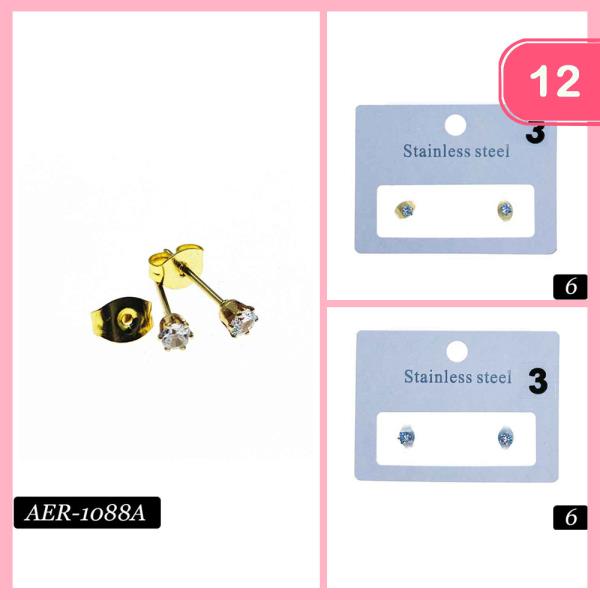 STAINLESS STEEL HYPOALLERGENIC CZ CUBIC ZIRCONIA STUD EARRING (12 UNITS)